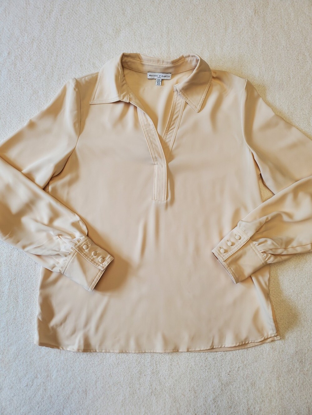 Beige Satin Popover Blouse XS Half Button Placket Long Sleeve Office Chic